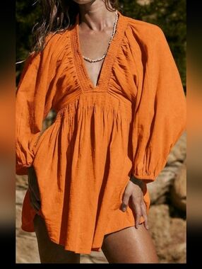 Orange V-Neck Puffed Longsleeve  Ruched Minidress